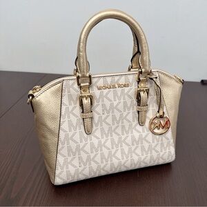 Michael Kors Ciara Medium Messenger Logo and Leather Satchel Vanl/Plgold